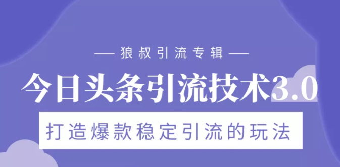 狼叔今日头条引流技术3.0，打造爆款稳定引流的玩法，VLOG引流技术-辉硕副业