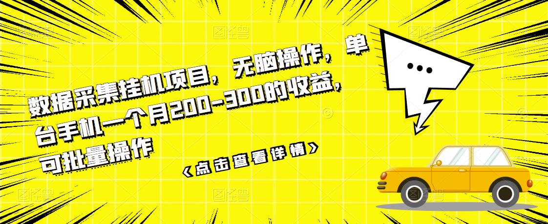 数据采集挂机项目，无脑操作，单台手机一个月200-300的收益，可批量操作-辉硕副业