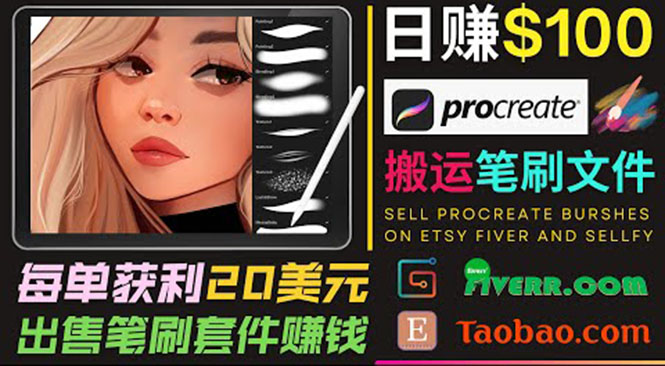 搬运出售Procreate笔刷文件赚钱，每单20美元，轻松日赚100美元-辉硕副业