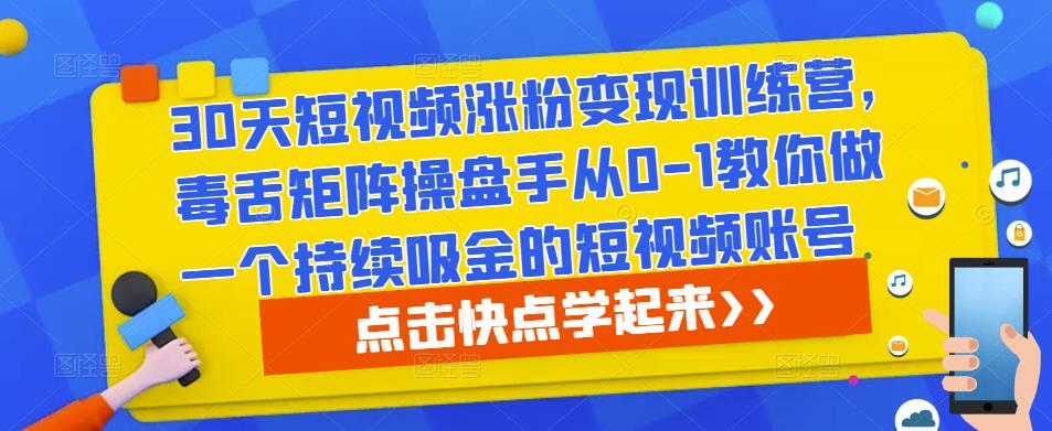 30天短视频涨粉变现训练营，毒舌矩阵操盘手从0-1教你做一个持续吸金的短视频账号-辉硕副业
