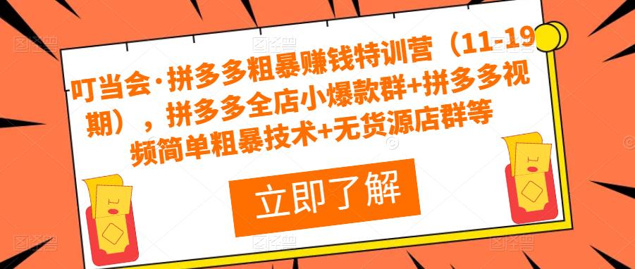 叮当会·拼多多粗暴赚钱特训营（11-19期），拼多多全店小爆款群+拼多多视频简单粗暴技术+无货源店群等-辉硕副业