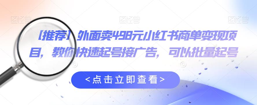 外面卖498元小红书商单变现项目，教你快速起号接广告，可以批量起号-辉硕副业