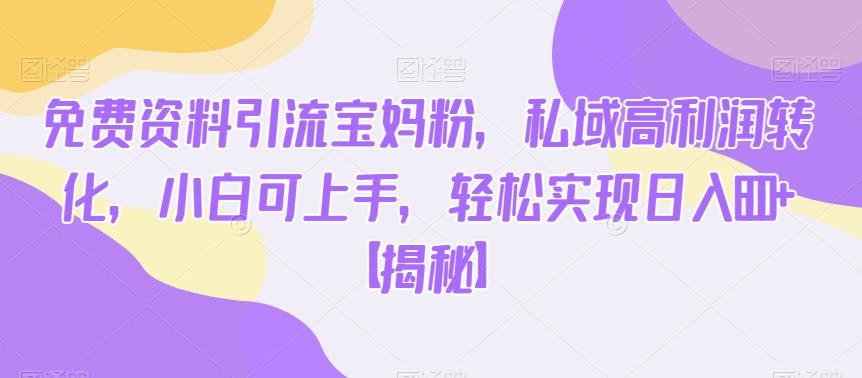 免费资料引流宝妈粉，私域高利润转化，小白可上手，轻松实现日入600+【揭秘】-辉硕副业