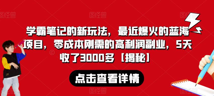 学霸笔记的新玩法，最近爆火的蓝海项目，零成本刚需的高利润副业，5天收了3000多【揭秘】-辉硕副业
