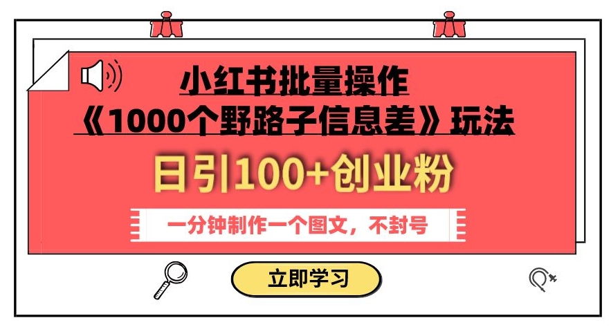 小红书批量操作《1000个野路子信息差》玩法，一分钟制作一个图文，不封号，日引100+创业粉-辉硕副业