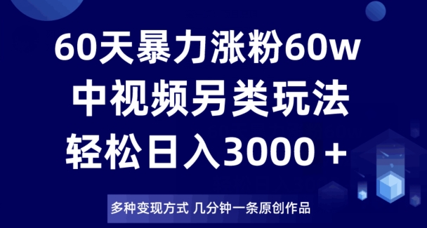 60天暴力涨粉60W，中视频另类玩法，日入3000＋，几分钟一条原创作品多种变现方式-辉硕副业