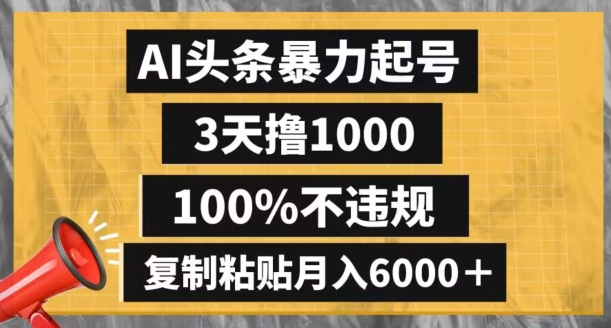 AI头条暴力起号，3天撸1000,100%不违规，复制粘贴月入6000＋【揭秘】-辉硕副业