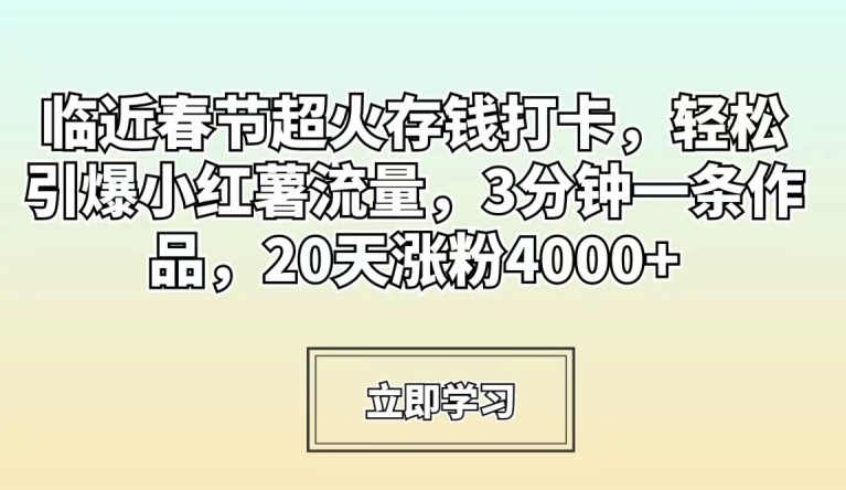 临近春节超火存钱打卡，轻松引爆小红薯流量，3分钟一条作品，20天涨粉4000+【揭秘】-杨大侠副业网