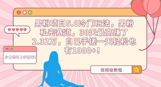 男粉项目5.0冷门玩法，男粉私密赛道，30天最高赚了2.32万，自己手搓一天轻松也有1000+【揭秘】-杨大侠副业网