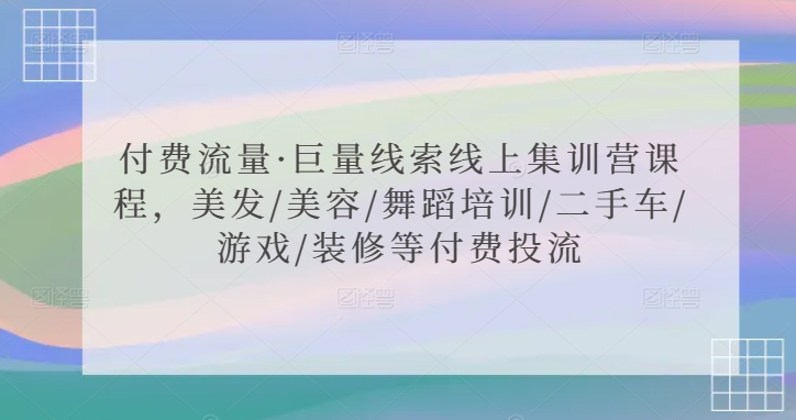 付费流量·巨量线索线上集训营课程，美发/美容/舞蹈培训/二手车/游戏/装修等付费投流-杨大侠副业网