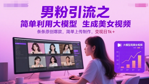 男粉引流之简单利用大模型生成美女视频，条条原创爆款，简单上传制作，变现日1k+-辉硕副业