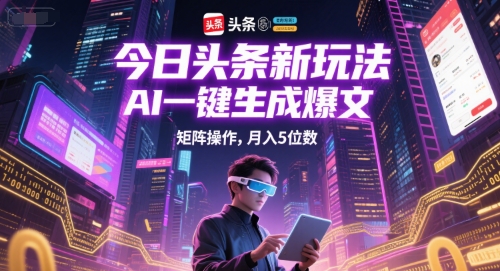 今日头条新玩法，AI一键生成爆文，矩阵操作，月入5位数-辉硕副业