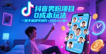 抖音男粉项目0成本玩法，一部手机即可操作，日均4张+，时间自由-辉硕副业