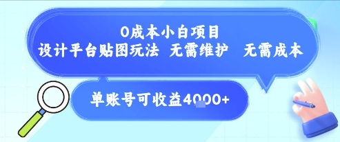 0成本小白项目，设计平台贴图玩法，无需维护，无需成本，单账号单月可产生收益4k+-辉硕副业