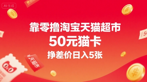 靠零撸淘宝天猫超市50元猫卡，挣差价日入5张-辉硕副业