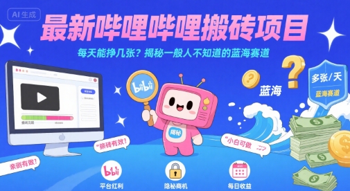最新哔哩哔哩上B站搬砖项目，每天能挣几张？揭秘一般人不知道的蓝海赛道-辉硕副业