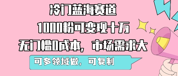 冷门蓝海赛道，1000粉可变现十W，无门槛0成本，市场需求大，可多领域做，可复制性强-辉硕副业