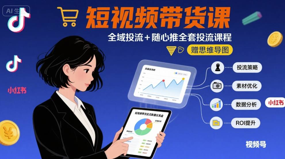 最新短视频带货课，全域投流+随心推全套投流课程+思维导图-辉硕副业