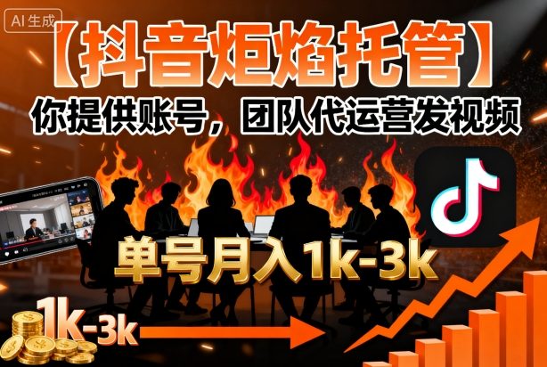 【抖音炬焰托管】你提供账号，团队代运营发视频，单号月入1k+【揭秘】-辉硕副业