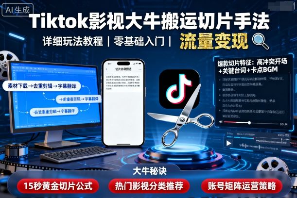 Tiktok影视大牛搬运切片手法，详细玩法教程-辉硕副业