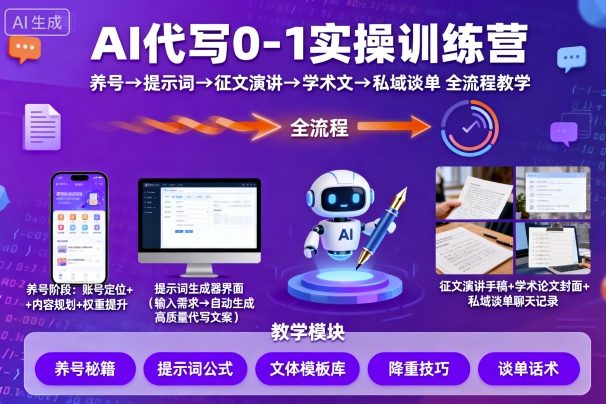 AI代写0-1实操训练营，从养号、提示词、征文演讲、学术文，到私域谈单的全流程教学-辉硕副业