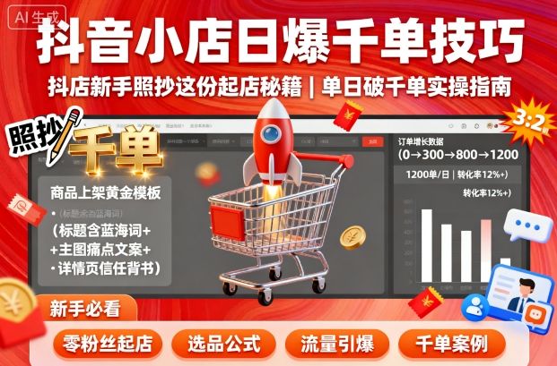 抖音小店日爆千单技巧，抖店新手照抄这份起店秘籍，单日破千单-辉硕副业
