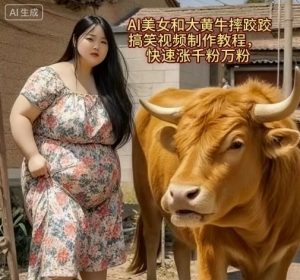 AI美女和大黄牛摔跤搞笑荒诞视频制作教程，快速涨千粉万粉-辉硕副业