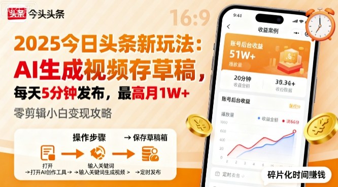 2025年今日头条躺賺新玩法，AI生成视频存草稿，每天5分钟发布，最高月1W+【揭秘】-辉硕副业