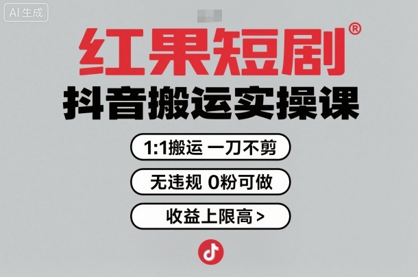 红果短剧拉新之抖音搬运实操课，1：1搬运，一刀不剪，无违规，0粉可做，收益上限高-辉硕副业