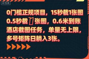 0门槛正规项目,15秒截1张图,0.6米到账,酒店截图任务,单量无上限,多号矩阵日躺入3张【揭秘】-辉硕副业