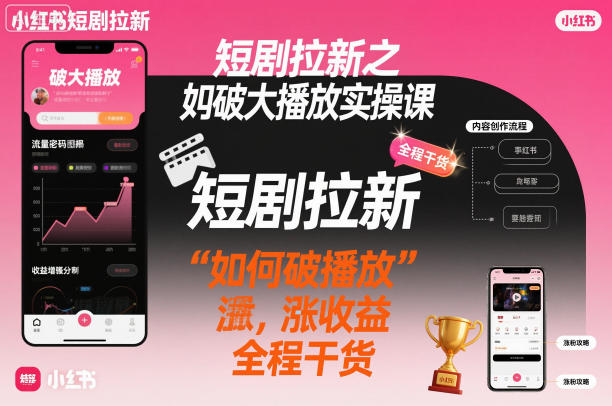 短剧拉新之小红书如何破大播放实操课，如何破播放，涨收益，全程干货-辉硕副业