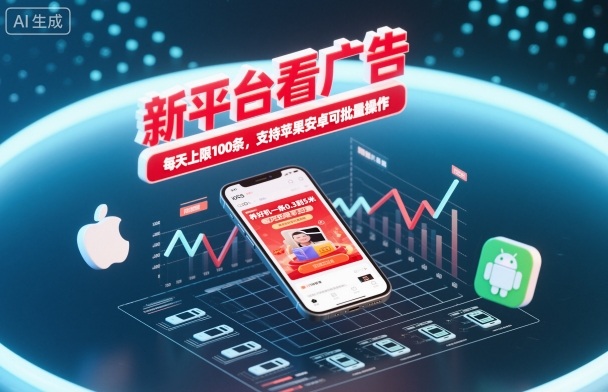 新平台看广告，养好机一条0.3到5米，每天上限100条，支持苹果安卓可批量操作-辉硕副业